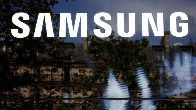 Samsung logo pictured during the inauguration of the Samsung Galaxy innovation space on the Champs-Elysees avenue in Paris, France, April 29, 2024